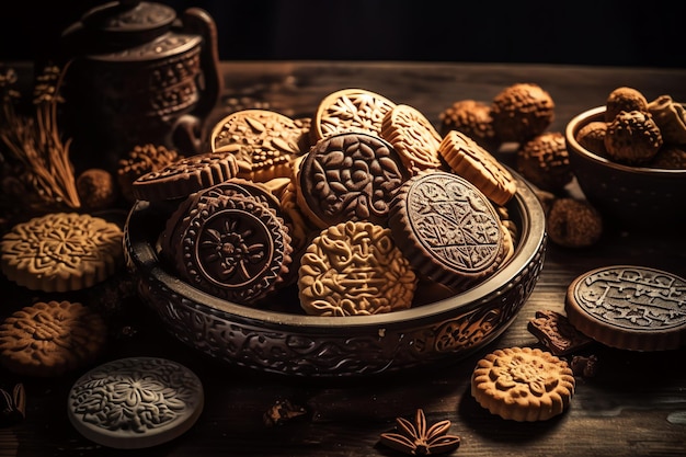 A bowl of different biscuits with a cup of tea on the table.