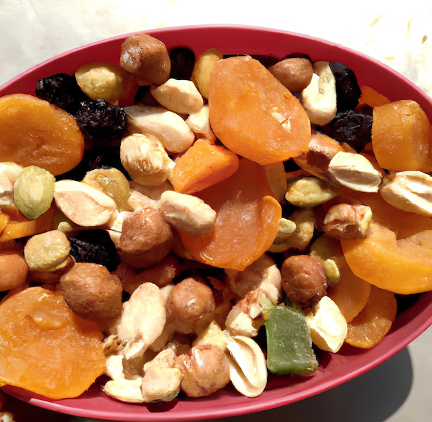 A bowl of different kinds of fruit including oranges, nuts, and other fruits.