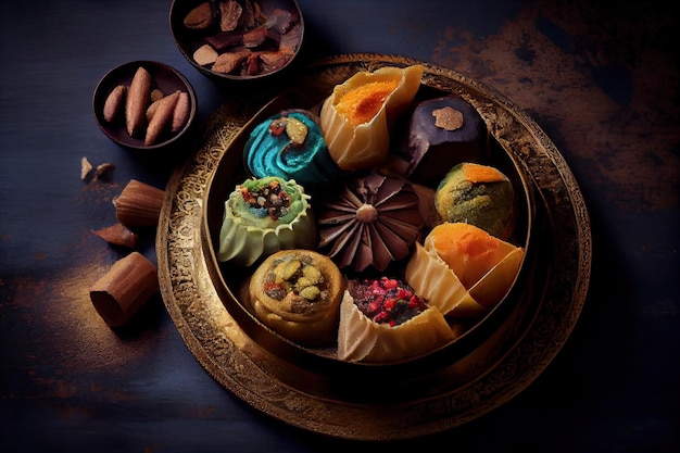 A bowl of different types of desserts on a table