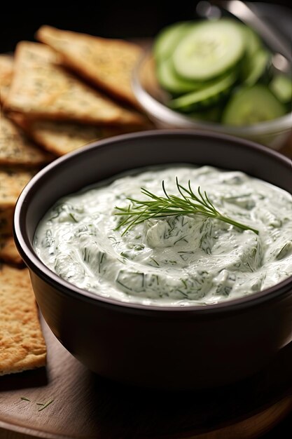 a bowl of dip with crackers and cucumber