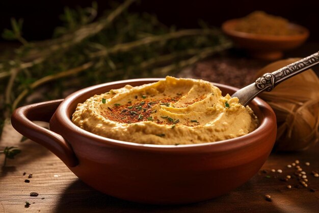 a bowl of dip with a spoon in it