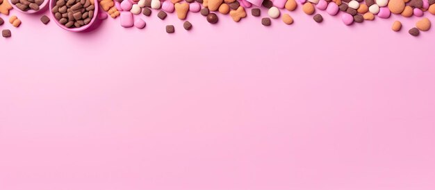 Bowl of dog treats on a pink background with copy space for text insert