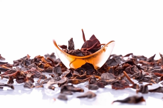 A bowl of dried beets sits on a white surface.