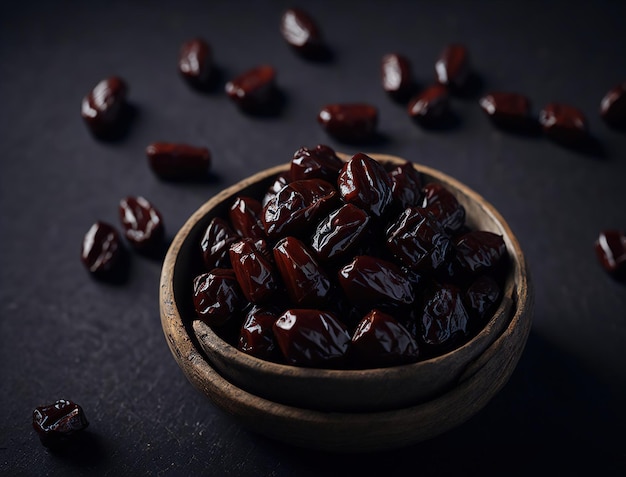 A bowl of dried dates on a black background