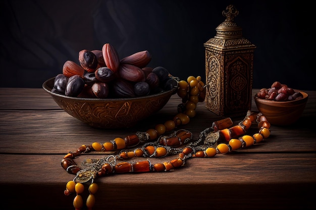 Чаша с сушеными финиками стоит на деревянной стене рамадан фрукты генеративный ай