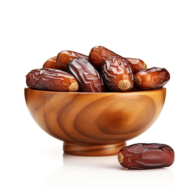 Bowl of dried dates on white wooden background with space for text From top view