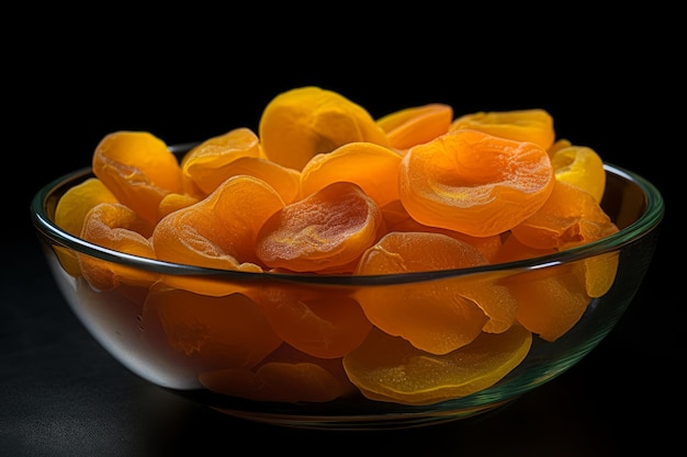 A bowl of dried fruit is on a table.