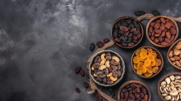 A bowl of dried fruit sits on a dark background.