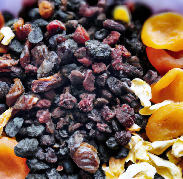 A bowl of dried fruits including raisins, raisins, and other fruits.