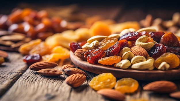 A bowl of dried fruits and nuts on a wooden table