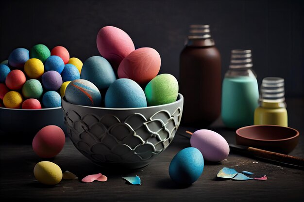 A bowl of dyed easter eggs on a table