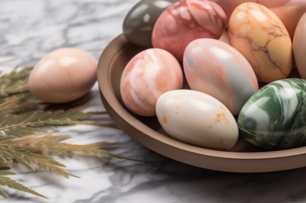 A bowl of dyed eggs on a marble table