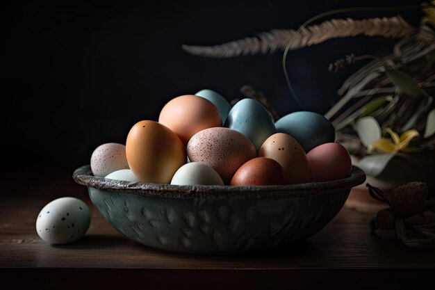 A bowl of Easter eggs on wooden table