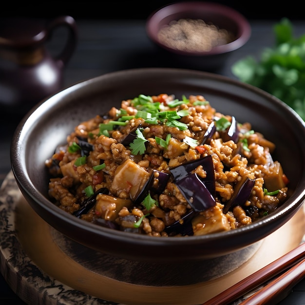 A bowl of eggplant with sesame seeds on a plate.