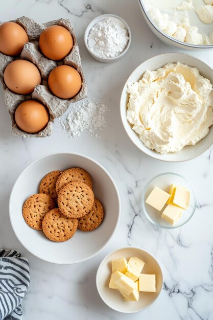 a bowl of eggs butter and butter sit on a table