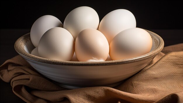 a bowl of eggs on a cloth on a table