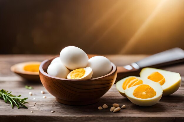卵の鉢 卵と卵がテーブルの上にあります