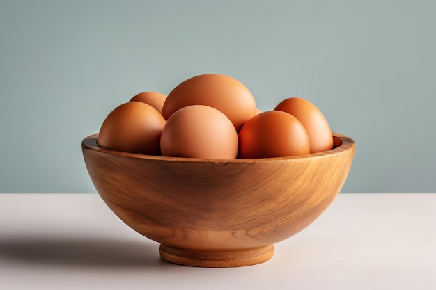 A bowl of eggs on a table with a blue background.