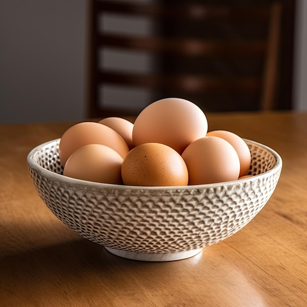 A bowl of eggs on a table with a chair in the background.
