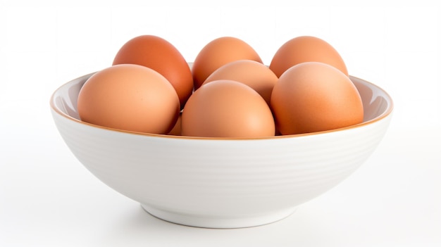 a bowl of eggs on a white surface