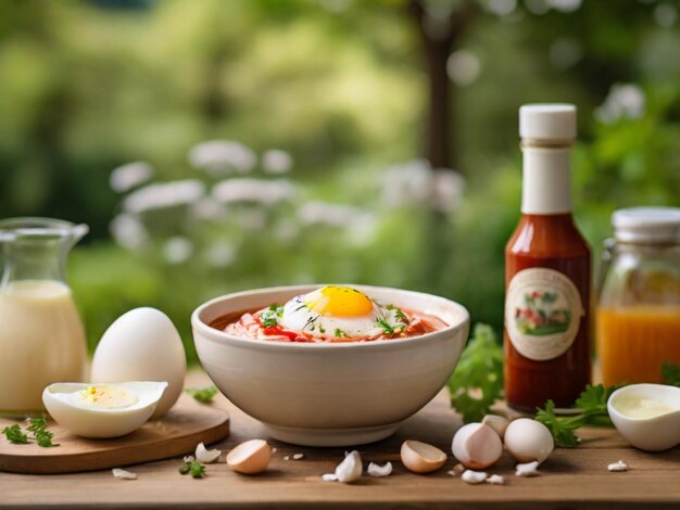 a bowl of eggs with a bottle of tabasco sauce next to it