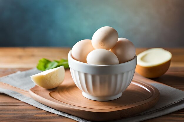 A bowl of eggs with a bowl of eggs on the table