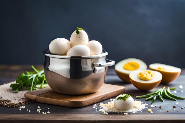 a bowl of eggs with eggs on a wooden board