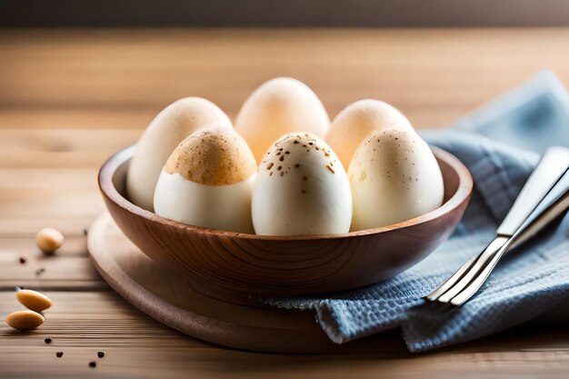 a bowl of eggs with a fork and a knife.