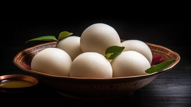 A bowl of eggs with green leaves on the top