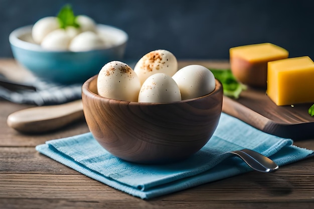 a bowl of eggs with a knife and some other food in it