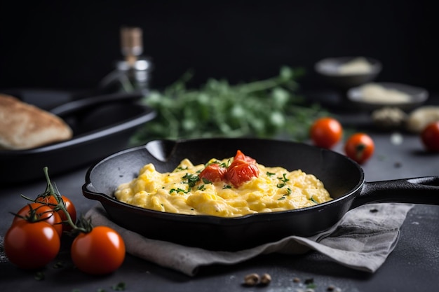 A bowl of eggs with tomatoes on the side