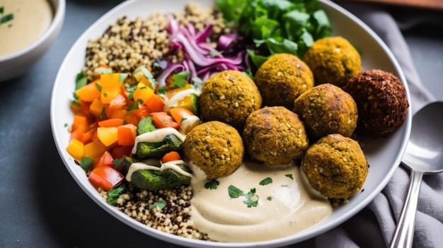 A bowl of falafel with a side of hummus.