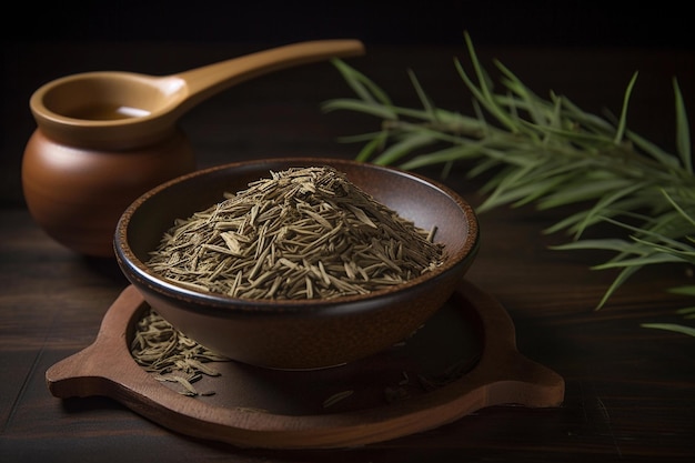 A bowl of fennel seeds sits on a wooden table.