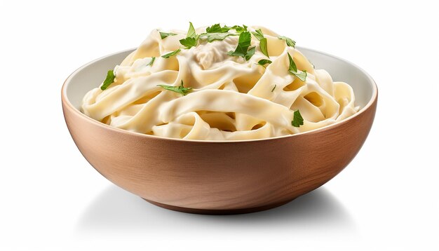 Bowl of fettuccini alfredo isolated on white