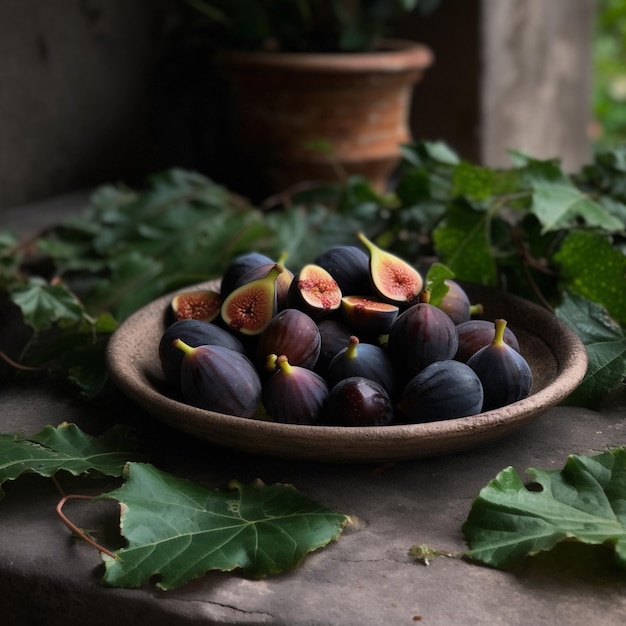 A bowl of figs sits on a table with leaves on the table.