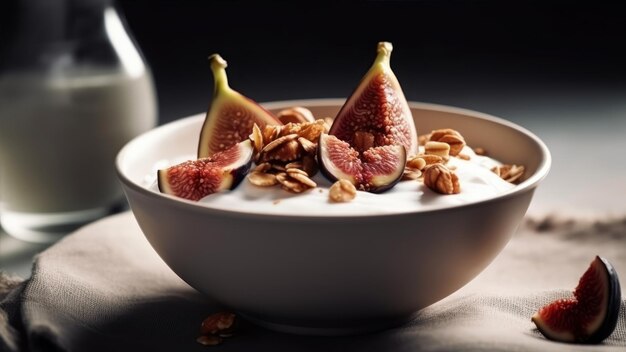 A bowl of figs with granola on top