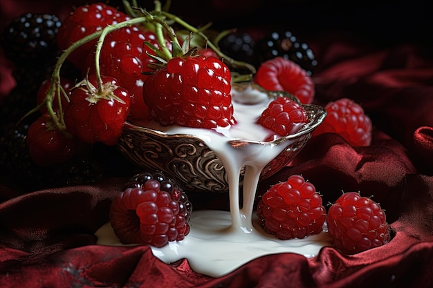 Чаша, наполненная ягодами и йогуртом на красной ткани