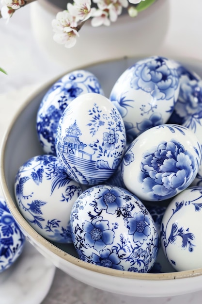 青と白で飾られた卵で満たされた鉢