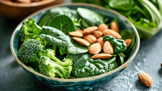 Bowl Filled With Broccoli Spinach and Almonds