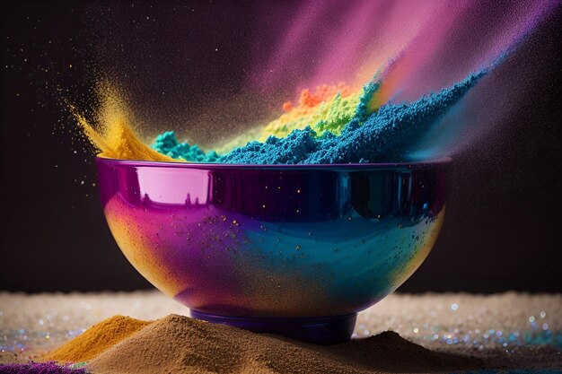 a bowl filled with colorful powder sitting on top of a wooden table