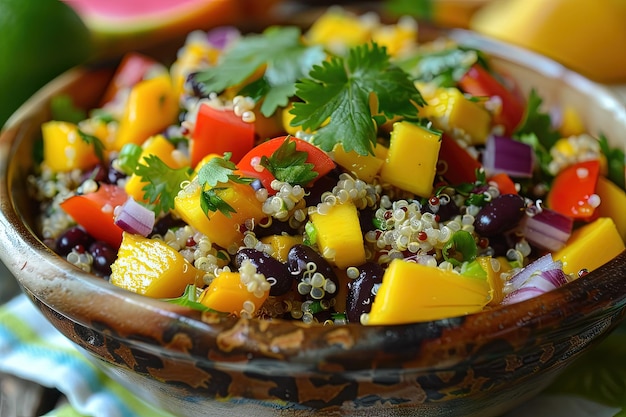 A bowl filled with a colorful salad on top of a table