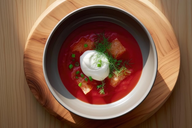 A bowl filled with customary Ukrainian borscht is placed on the table