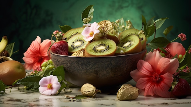 A bowl filled with flowers and a kiwi