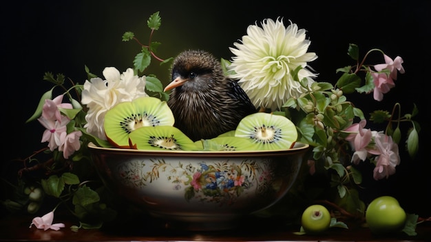 A bowl filled with flowers and a kiwi