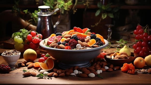 A bowl filled with fruit and nuts