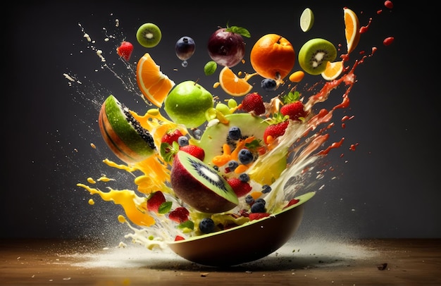 Bowl filled with fruit and splashing water Generative AI