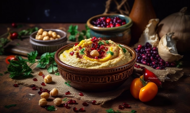 Bowl filled with hummus and garnished with cranberries Generative AI