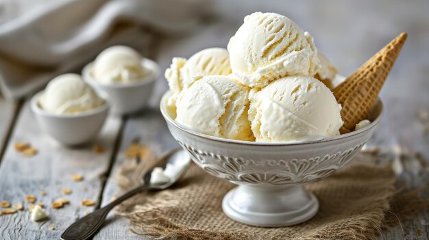 Bowl Filled With Ice Cream on Wooden Table