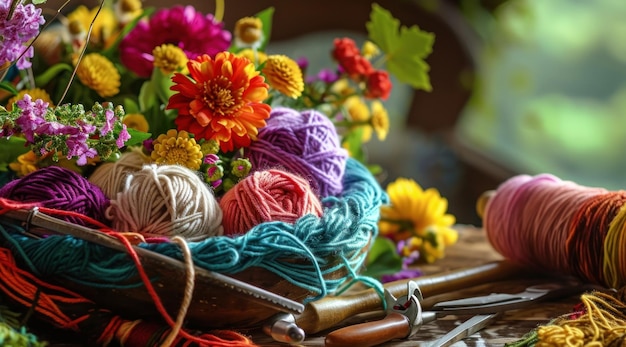 a bowl filled with many colorful balls of yarn and pens