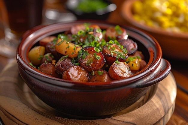 a bowl filled with meat and vegetables on top of a wooden plate